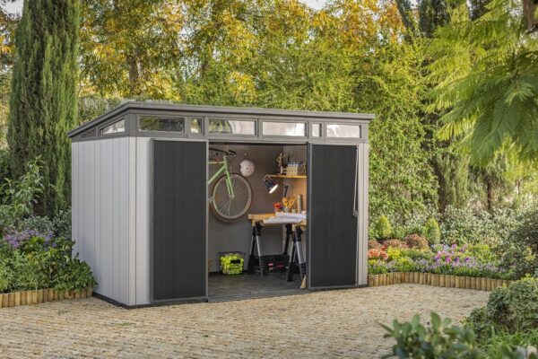 Keter Artisan 11×7 Modern Resin Outdoor Storage Shed Kit-Perfect to Store Patio Furniture, Garden Tools Bike Accessories, Beach Chairs and Lawn Mower, Grey & Black