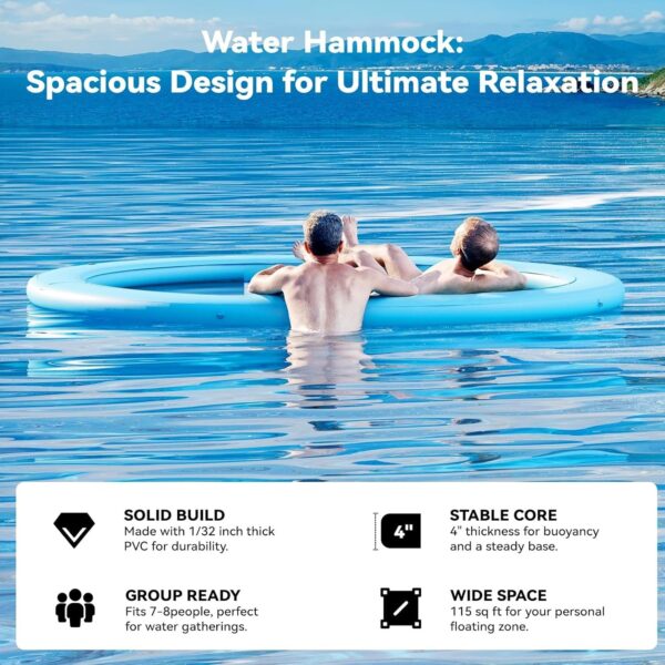 d5022bfdfde0428bb097fd561e7f94f8 Round Inflatable Floating Dock, Sunchill Float Ring, Hammock Tanning Pool with 4in Woven Fabric, Manual Pump for 1-2 Min Quick Inflate/Deflate, Fits 2-8, Ideal for Lakes, Pools, Oceans