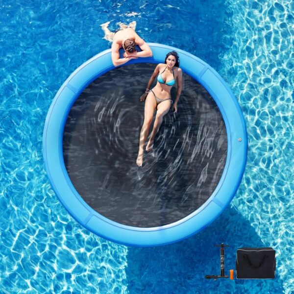 d50ae09cc9cc44a2af4ea77ac285ef17 Round Inflatable Floating Dock, Sunchill Float Ring, Hammock Tanning Pool with 4in Woven Fabric, Manual Pump for 1-2 Min Quick Inflate/Deflate, Fits 2-8, Ideal for Lakes, Pools, Oceans