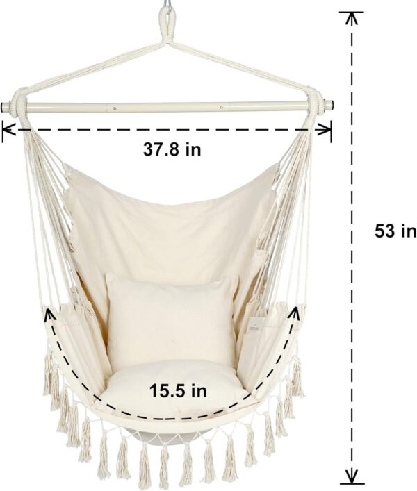 d593b835612548db8be4e6ca78e89f3e Y- Stop Hammock Chair Hanging Rope Swing, Max 500 Lbs, 2 Cushions Included, Large Macrame Hanging Chair with Pocket for Superior Comfort, with Hardware Kit (Beige)