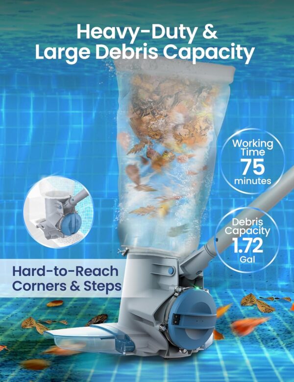 d6376186b82d4361bdcde0c0b19ba641 KOKIDO Rechargeable Cordless Pool Leaf Vacuum, 30GPM Strong Suction, 75 min Runtime, XL Heavy Duty Filter Bag, Leaves and Debris Removal, for Above Ground Pool and Inground Pools XV410