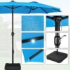 15 ft Large Patio Umbrella with Solar Lights Double-Sided Outdoor Rectangle Market Umbrellas with 36 LED Lights/Base Included/Easy Crank for Patio Garden Yard Pool Lawn, Brown
