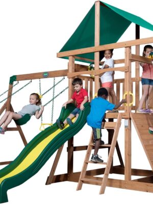 Backyard Discovery Mount Mckinley Cedar Wood Swing Set with Wave Slide, Play Deck, Double Rock Wall, Rope Ladder, Web Swing, Belt Swings, Toy Telescope, Steering Wheel, Sandbox Area, Outdoor Playset