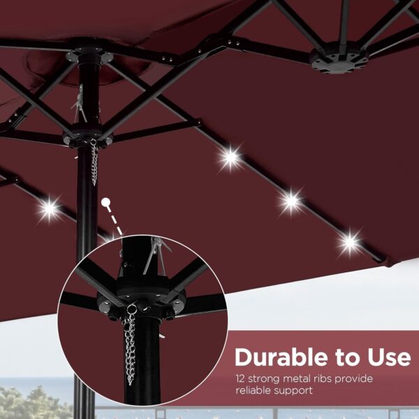 d86cb94f92404d05b044bcc232089c58 15 ft Large Patio Umbrella with Solar Lights Double-Sided Outdoor Rectangle Market Umbrellas with 36 LED Lights/Base Included/Easy Crank for Patio Garden Yard Pool Lawn, Brown