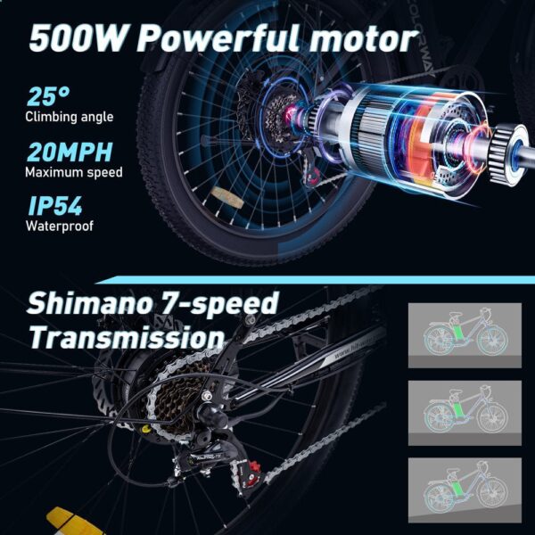 BK3M 500W Electric Bike, 26′′x3.0′′, 36V/15Ah, Shimano 7-Speed, Carbon Steel, IP54 Waterproof