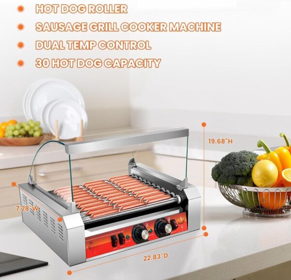 d8cbe45d2d8b4f748fac457b5b209467 1670W Commercial Hot Dog Rollers,11 Rollers 30 Hotdog Roller Grill,Stainless Steel Hot Dog Machine With Dust Cover,Hot Dog Roller Machine With Dual Temp Control And Led Light/Detachable Drip Tray