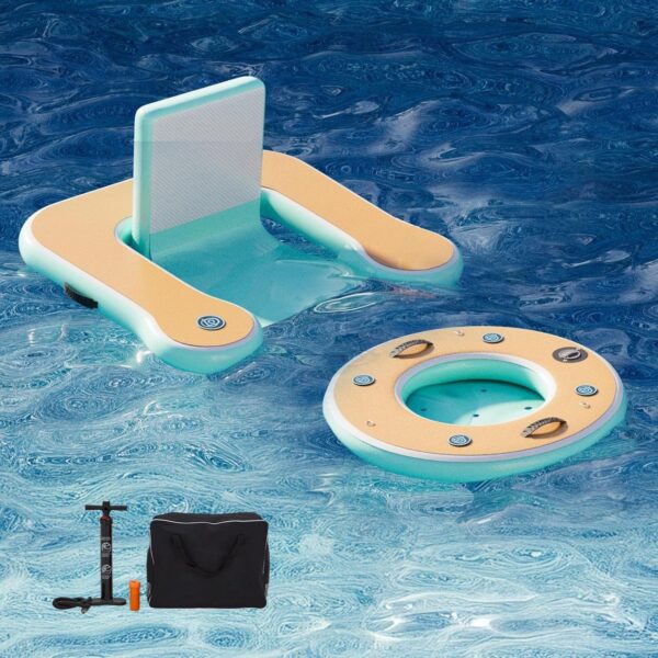 d9f6cfce20e94d568bc2d93987baa86c Round Inflatable Floating Dock, Sunchill Float Ring, Hammock Tanning Pool with 4in Woven Fabric, Manual Pump for 1-2 Min Quick Inflate/Deflate, Fits 2-8, Ideal for Lakes, Pools, Oceans