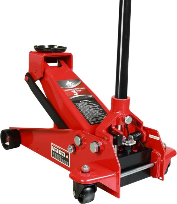 da625b6a7e5a4c9990309f61af7ff048 3 Ton Low Profile, Aluminum and Steel Racing Floor Jack with Dual Pistons Quick Lift Pump for Sport Utility Vehicle, Lifting Range 3-15/16′′ min to 18-5/16′′ max, Red