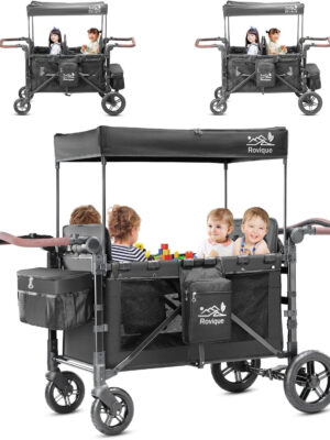 4 Seater Wagon Stroller,Foldable All-Terrain Quad Wagon Stroller with Canopy,Detachable Tray,Adjustable Handle, High Seat & Large Storage,Black