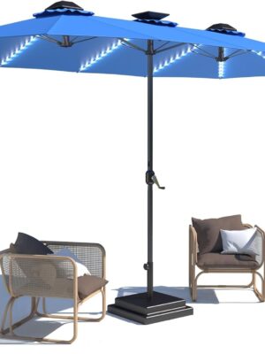 15ft Patio Umbrella with Solar Lights, Large Double Umbrella Outdoor, Rectangle 180”x106” Umbrellas with 156 PCS LED Lights and Crank Handle for Backyard Deck Pool Shade in Black(1.9′′ Pole)