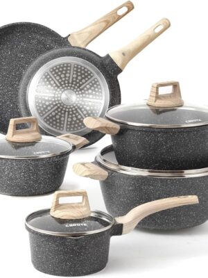 22pcs Pots and Pans Set Nonstick, Cookware Set White Granite Induction Kitchen Cooking Set w/Frying Pans & Saucepans& Grill Pan(PFOS, PFOA Free)