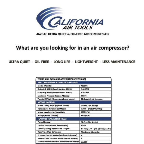 California Air Tools 4620AC 4620AC Ultra Quiet and Oil-Free 2.0 Hp, 4.6 Gal. Aluminum Twin Tank Electric Portable Air Compress