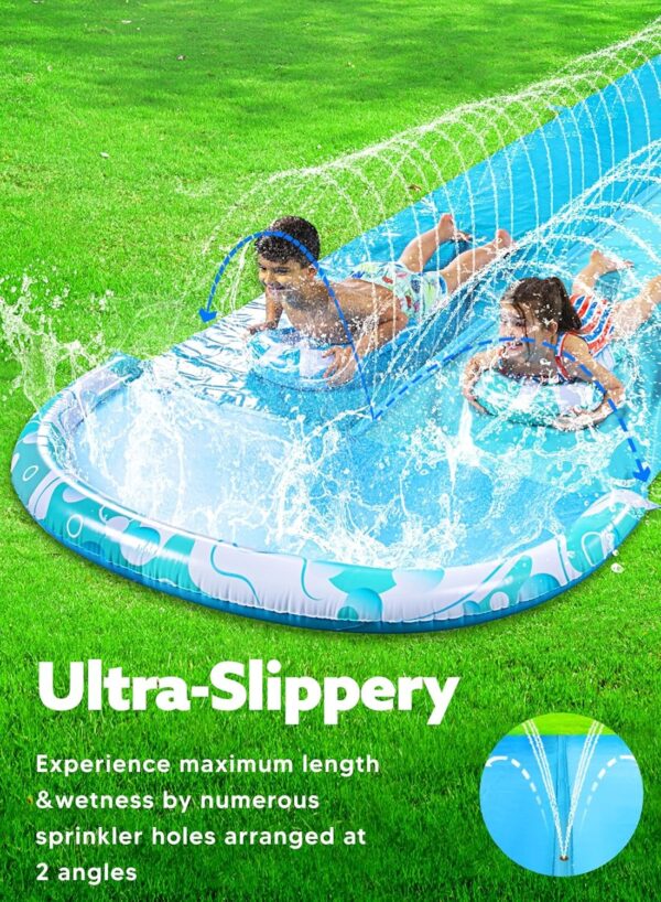 JOYIN 32.5FT Water Slide and 2 Inflatable Boards, Extra Long Double Lawn Heavy Duty Splash Mat Pad with Sprinkler for Kids Adults Backyard Summer Water Toy Outdoor Fun, Blue, Orange