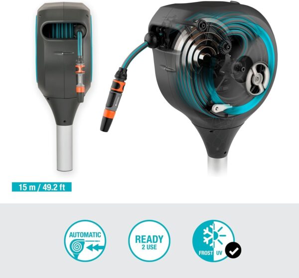 GARDENA (18614-80) 66′ x 1/2′′ Automatic Retractable Garden Hose Reel on Metal Spike, 66′ Outside Garden Hose Length, with 360° Rotation to Reach All Areas of Your Yard