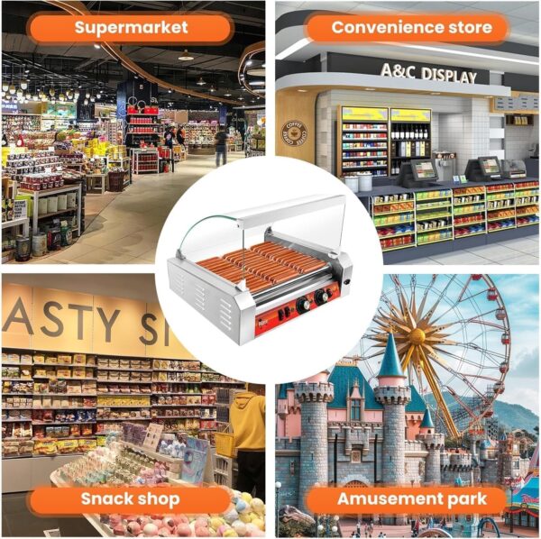 dba08ef3688644709126108878b0946b 1670W Commercial Hot Dog Rollers,11 Rollers 30 Hotdog Roller Grill,Stainless Steel Hot Dog Machine With Dust Cover,Hot Dog Roller Machine With Dual Temp Control And Led Light/Detachable Drip Tray