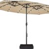 15 ft Large Patio Umbrella with Solar Lights Double-Sided Outdoor Rectangle Market Umbrellas with 36 LED Lights/Base Included/Easy Crank for Patio Garden Yard Pool Lawn, Brown