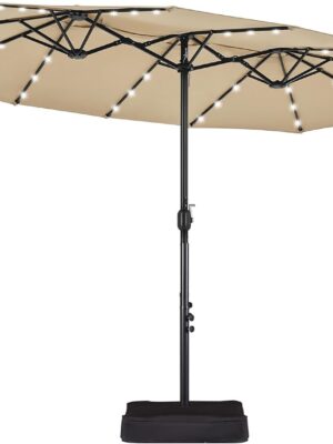 15 ft Large Patio Umbrella with Solar Lights Double-Sided Outdoor Rectangle Market Umbrellas with 36 LED Lights/Base Included/Easy Crank for Patio Garden Yard Pool Lawn, Brown