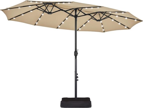 dc14afd2887647189c74b45f44da09c9 15 ft Large Patio Umbrella with Solar Lights Double-Sided Outdoor Rectangle Market Umbrellas with 36 LED Lights/Base Included/Easy Crank for Patio Garden Yard Pool Lawn, Brown