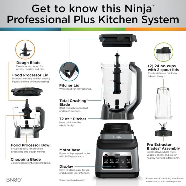 BN801 Professional Plus Kitchen System, 1400 WP, 5 Functions for Smoothies, Chopping, Dough & More with Auto IQ, 72-oz.* Blender Pitcher, 64-oz. Processor Bowl, (2) 24-oz. To-Go Cups, Grey