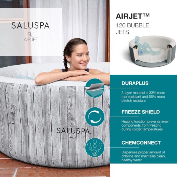 Bestway SaluSpa Fiji AirJet Large Round 2 to 4 Person Inflatable Hot Tub Portable Outdoor Spa with 120 AirJets and EnergySense Cover, Grey
