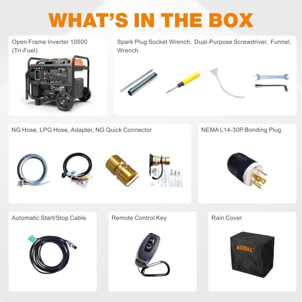 GENMAX 10500 Peak Watt Tri Fuel Open Frame Inverter Generator,with ATS,Quiet Technology,CO Sensor,digital display and 50A,Ideal for Home backup,contruction site and RV Camping (GM10500XiT)