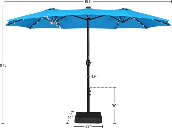 ded4666b5019430da890d122e3d86242 15 ft Large Patio Umbrella with Solar Lights Double-Sided Outdoor Rectangle Market Umbrellas with 36 LED Lights/Base Included/Easy Crank for Patio Garden Yard Pool Lawn, Brown
