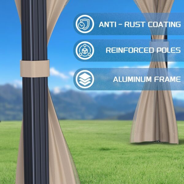 df75aae21ff2421e983e2ed703a073b4 10’x10′ Hardtop Gazebo with double metal roof, aluminum frame, net, and curtain. All-weather, ideal for patio, deck, garden, backyard. Khaki.