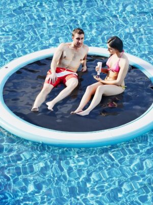 Round Inflatable Floating Dock, Sunchill Float Ring, Hammock Tanning Pool with 4in Woven Fabric, Manual Pump for 1-2 Min Quick Inflate/Deflate, Fits 2-8, Ideal for Lakes, Pools, Oceans