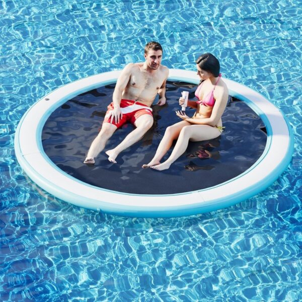 e0ba0aeac8da4abd81dd2466869a0794 Round Inflatable Floating Dock, Sunchill Float Ring, Hammock Tanning Pool with 4in Woven Fabric, Manual Pump for 1-2 Min Quick Inflate/Deflate, Fits 2-8, Ideal for Lakes, Pools, Oceans