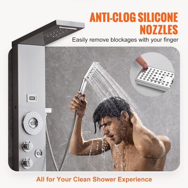 Shower Panel System, 6 Shower Modes, LED & Display Shower Panel Tower, Rainfall, Waterfall, 4 Body Massage Jets, Tub Spout, Handheld Shower Head 59′′ Hose, Stainless Steel Wall-Mounted Shower Set