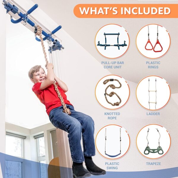 6 Piece Indoor Doorway Gym Set for Kids �� Indoor Swing for Kids Includes Kids Swing Chair, Rings, Hanging Trapeze, Ladder, Swinging Rope & Pullup Bar