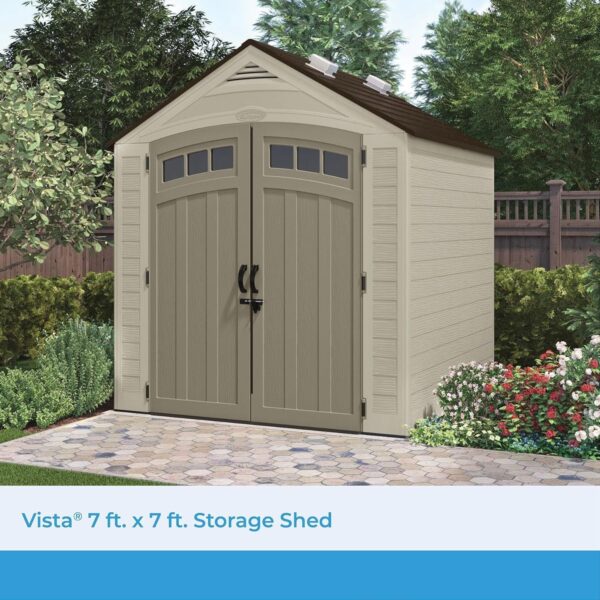 e1fcd3fba3d9460e8d23f1f6bb58a440 Suncast Vista 7×7 Storage Shed with Multi-Wall Resin Panels, 4 Skylights, IllumiVent System, and Pad-Lockable Doors, 84′′ D x 84′′ W x 98′′ H, Made in The USA