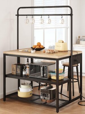 Kitchen Island, Kitchen Island with Storage, Bakers Rack, Island Table for Kitchen, Bakers Rack with Storage, Large Kitchen Island Table, Coffee Bar Table with Shelf,5 Racks,Pear Wood White