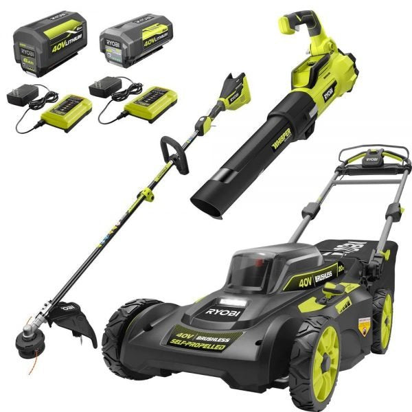 e2a7a47fa9574dbf807252831a87d55e 40V Brushless 20 in. Walk Behind Self Propelled Mower String Trimmer Leaf Blower with (2) Batteries and (2) Chargers