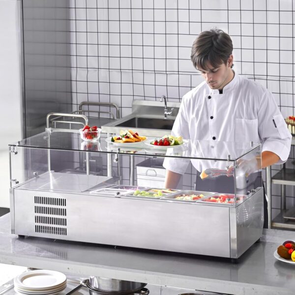 e34f48d6d3cf4b3ea758b95abfc7a896 Refrigerated Condiment Prep Station, 135 W Countertop Refrigerated Condiment Station, with 2 1/3 Pans & 4 1/6 Pans, 304 Stainless Body and PC Lid, Sandwich Prep Table with Stainless Guard, ETL