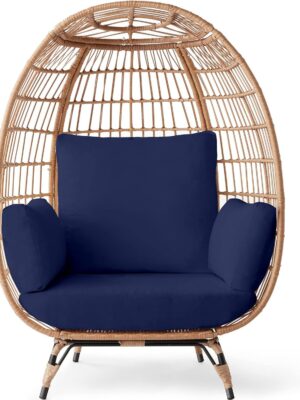 Ivory Wicker Egg Chair, Oversized Indoor Lounger, 440lb Capacity, Bohemian Style, Steel Frame, Cushions Included