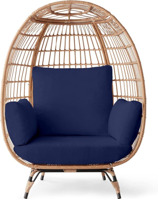 Ivory Wicker Egg Chair, Oversized Indoor Lounger, 440lb Capacity, Bohemian Style, Steel Frame, Cushions Included