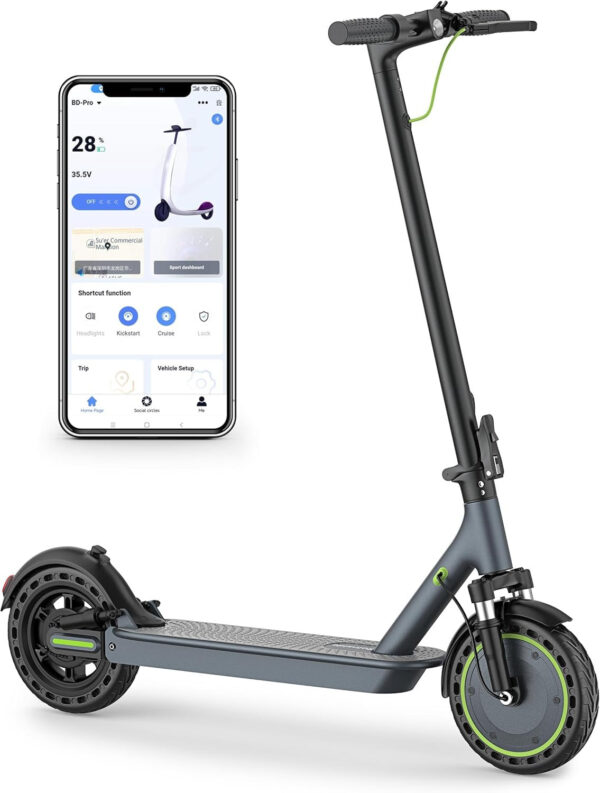 Electric Scooter – 8.5′′ Solid Tires, 350W Motor, Up to 19 MPH and 21-23 Miles Long-Range Portable Foldable Commuting Scooter for Adults with Double Braking System and App