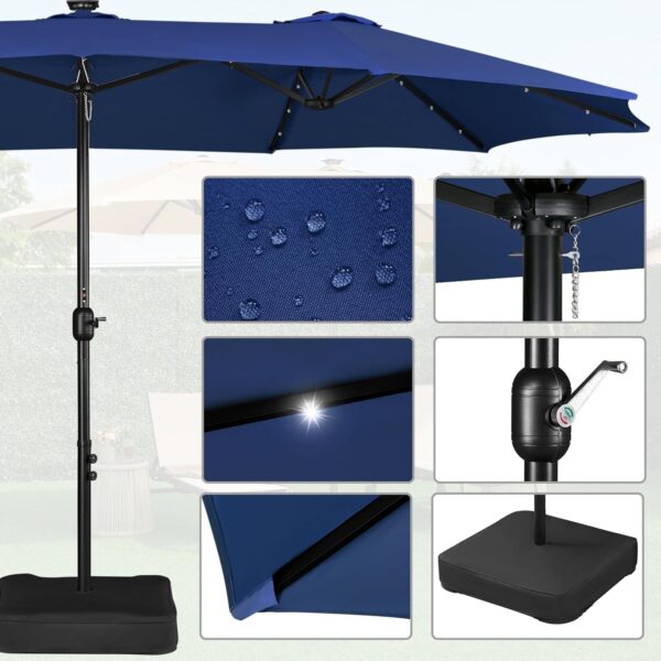 e4cb8da47784448da6f304834687bf54 15 ft Large Patio Umbrella with Solar Lights Double-Sided Outdoor Rectangle Market Umbrellas with 36 LED Lights/Base Included/Easy Crank for Patio Garden Yard Pool Lawn, Brown