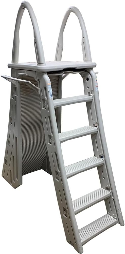 Confer Plastics 7200 Roll Guard 48′′ to 56′′ Adjustable A Frame Safety Ladder for Above Ground Outdoor Patio Swimming Pool Platform Ladder with Step Barrier, Warm Grey...