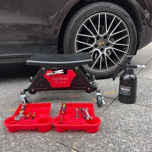 AgiiMan Mechanic Stool – Detailing Garage Rolling Stool with Wheels, Automotive Roller Creeper Seat Chair Repair Tools Tray, 2 Tool Storage Drawers Under Seat, 300 Lbs Capacity