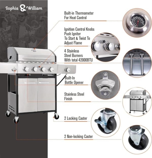 Burner Gas grill with side burner and enameled cast iron grille 42,000BTU outdoor cooking stainless steel propane grill Garden grill