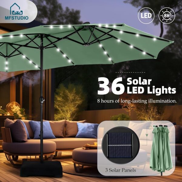 e5d4cb63640041f39ae96a68258a6983 15ft Double Sided Patio Umbrella with Solar Lights, Outdoor Large Umbrellas with Crank Handle and 36 LED Lights, Rectangular Market Umbrella with Base Included for Deck Pool Shade