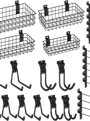 INCLY 30PCS Slatwall Accessories Set, Includes 4 Pack Ventilated Metal Wire Slatwall Baskets and 26PCS Multisized Heavy Duty Slatwall Hooks for Garage Rooms Shops Storage Organizing Display