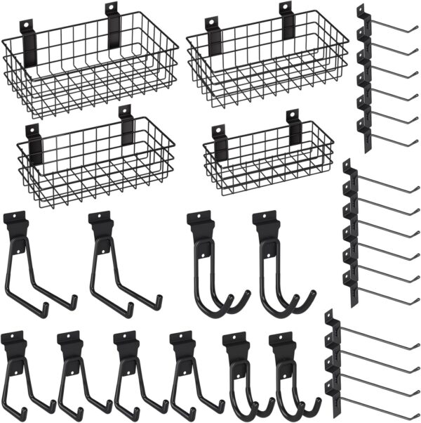INCLY 30PCS Slatwall Accessories Set, Includes 4 Pack Ventilated Metal Wire Slatwall Baskets and 26PCS Multisized Heavy Duty Slatwall Hooks for Garage Rooms Shops Storage Organizing Display