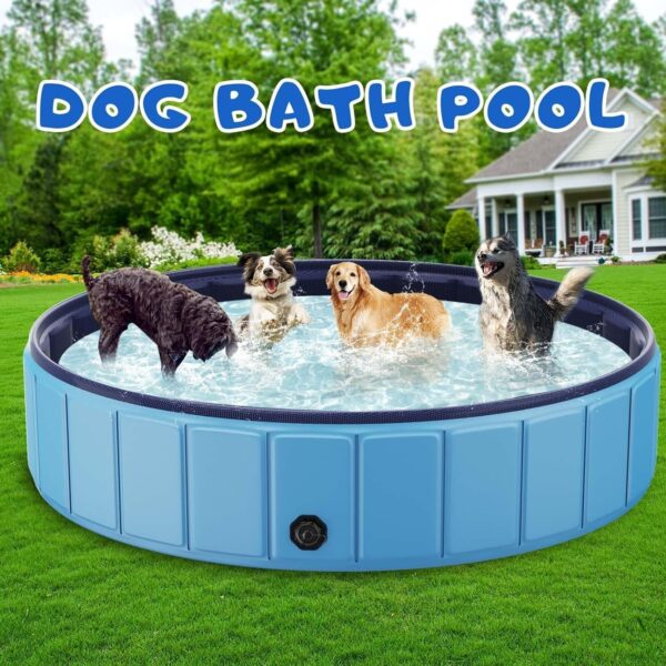 Foldable Dog Swimming Pool, 120′′x20′′ Oversize Collapsable Hard Plastic Potable Bathing Tub for Pet Dog Kiddie Pool Indoor and Outdoor Leakproof PVC Play Pool for Large Dogs Pets Puppy Kids Blue