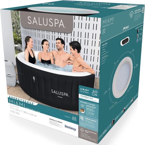 Bestway SaluSpa Miami EnergySense AirJet Inflatable Hot Tub Spa (71′′ x 26′′) | Portable Hot Tub with 2 Covers (1 Energy-Efficient Thermal Cover and 1 Standard Cover) | Fits Up to 2-4 Persons | Black