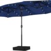 15 ft Large Patio Umbrella with Solar Lights Double-Sided Outdoor Rectangle Market Umbrellas with 36 LED Lights/Base Included/Easy Crank for Patio Garden Yard Pool Lawn, Brown