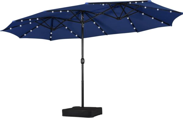 e67e3264e9a3472a8c4bcca6be5a8c98 15 ft Large Patio Umbrella with Solar Lights Double-Sided Outdoor Rectangle Market Umbrellas with 36 LED Lights/Base Included/Easy Crank for Patio Garden Yard Pool Lawn, Brown