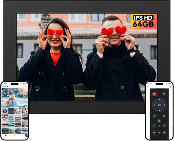 15.6′′ Digital Picture Frame, 64GB 1920 x 1080 IPS Touch Screen Electronic Photo Frame, Pre-Load Photo Gift Mode Without Open Package, Auto-Rotate, Wall/Table Mountable, App Share Photos, Black
